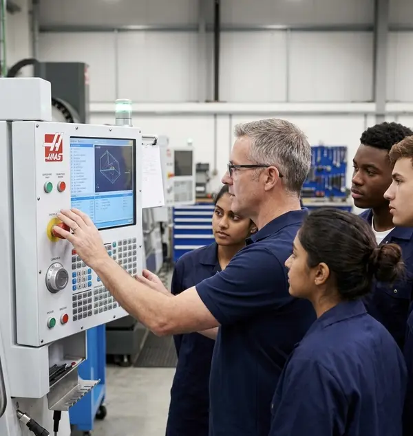 Manufacturing supervisor training a team on CNC machine controls in Cambridge